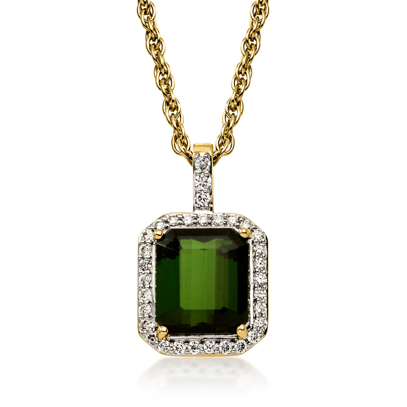 C. 1990 Vintage 4.00 Carat Green Tourmaline Pendant Necklace with .50 ct. t.w. Diamonds in 14kt Yellow Gold. 16"