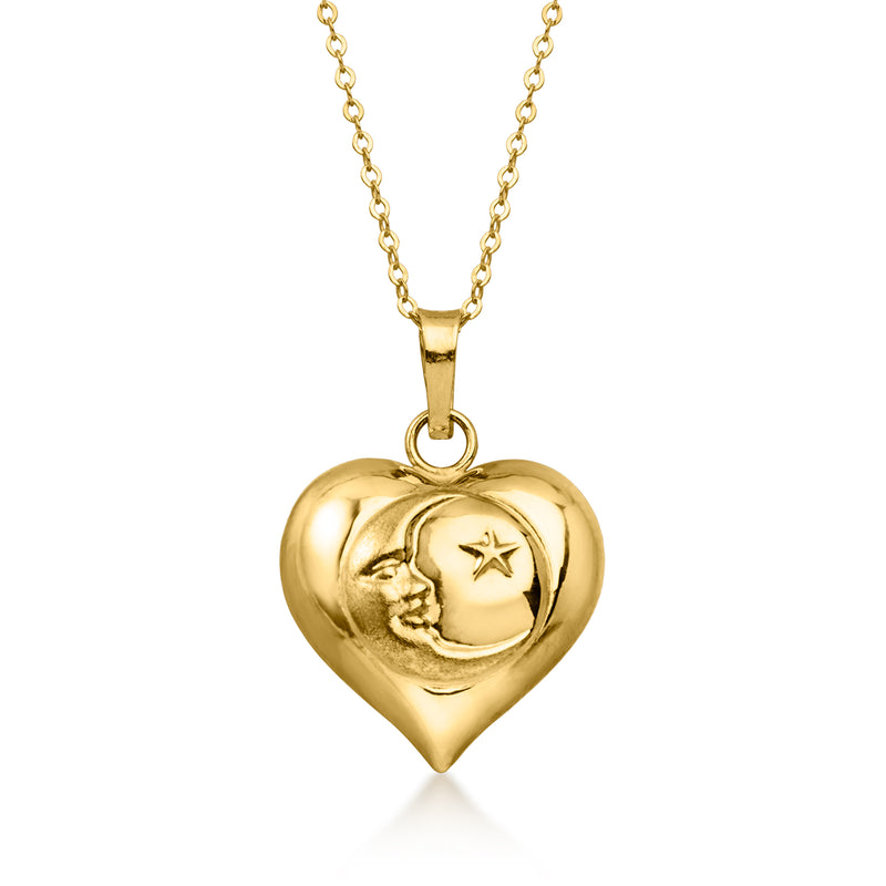 C. 1980 Vintage 10kt Yellow Gold Moon and Star Heart Pendant Necklace. 18"