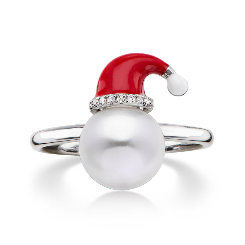 9-9.5mm Cultured Pearl Santa Hat Ring with Diamonds in Sterling Silver