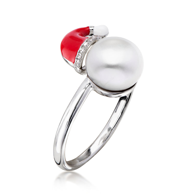 9-9.5mm Cultured Pearl Santa Hat Ring with Diamonds in Sterling Silver