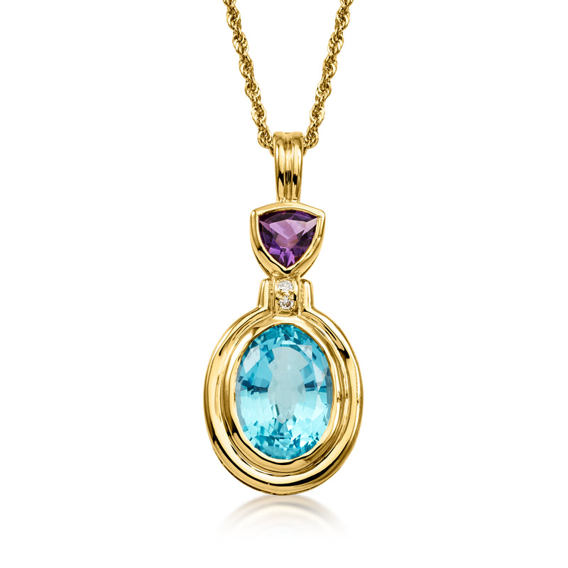 C. 1980 Vintage 11.00 Carat Swiss Blue Topaz and .80 Carat Amethyst Pendant Necklace with Diamonds in 14kt Yellow Gold. 18"