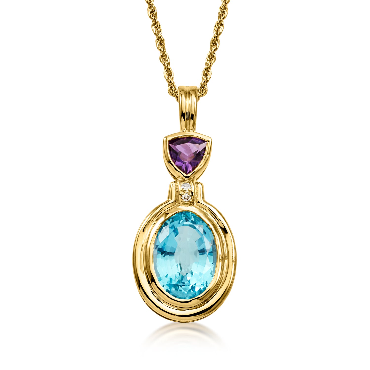 C. 1980 Vintage 11.00 Carat Swiss Blue Topaz and .80 Carat Amethyst Pendant Necklace with Diamonds in 14kt Yellow Gold