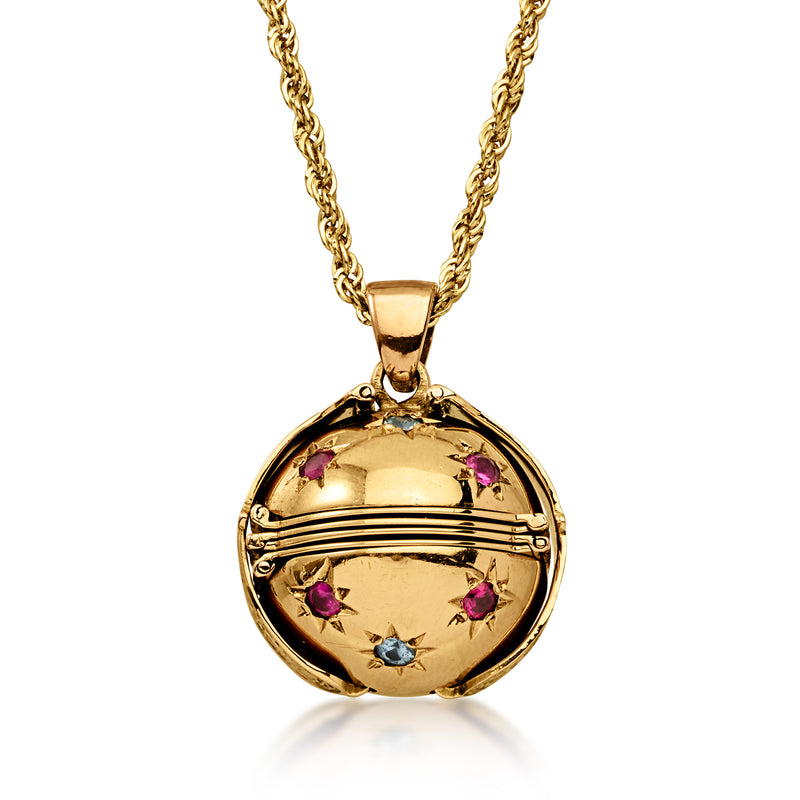 C. 1950 Vintage 14kt Yellow Gold Sphere Locket Necklace with Synthetic Rubies and Simulated Aquamarines. 20"