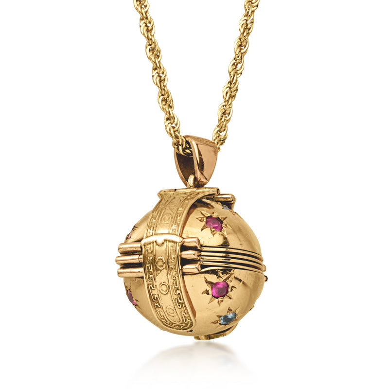 C. 1950 Vintage 14kt Yellow Gold Sphere Locket Necklace with Synthetic Rubies and Simulated Aquamarines. 20"