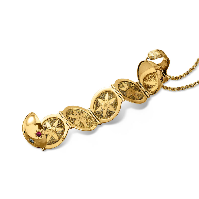 C. 1950 Vintage 14kt Yellow Gold Sphere Locket Necklace with Synthetic Rubies and Simulated Aquamarines. 20"