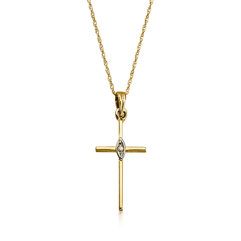 C. 1980 Vintage 14kt Yellow Gold Cross Pendant Necklace with Single Diamond. 18"