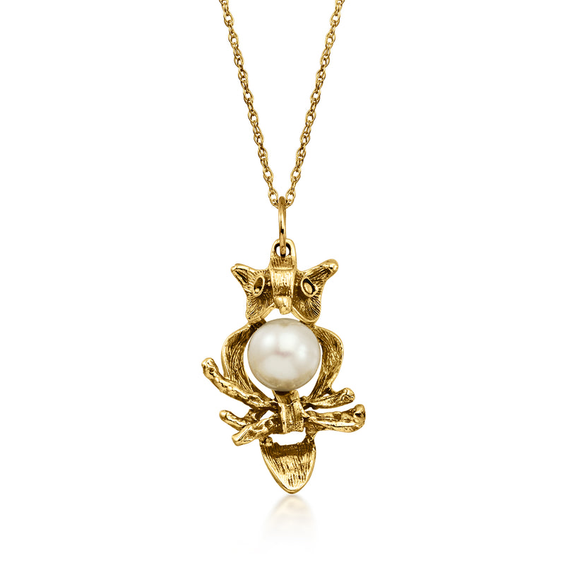 C. 1970 Vintage 6mm Cultured Pearl Owl Pendant Necklace in 14kt Yellow Gold. 18"