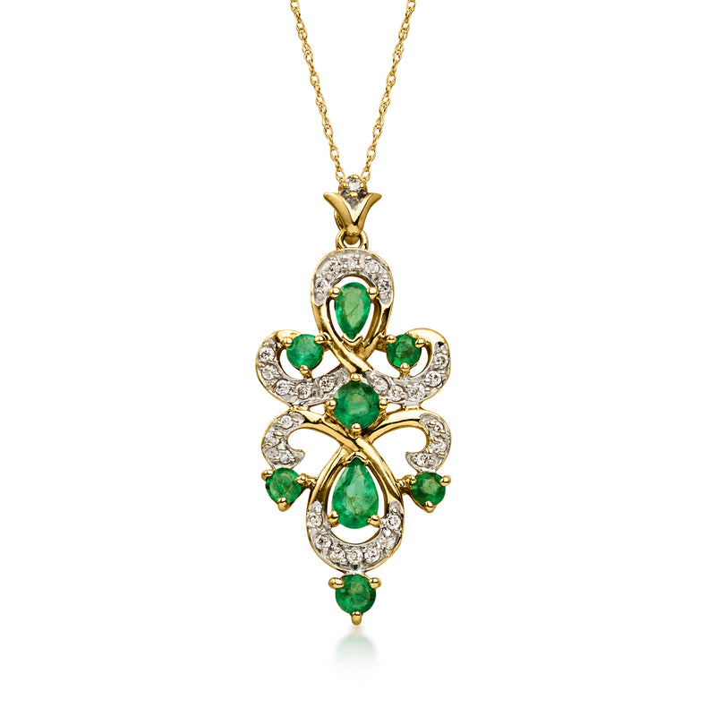 C. 1990 Vintage 1.35 ct. t.w. Emerald and .40 ct. t.w. Diamond Pendant Necklace in 14kt Yellow Gold. 18"