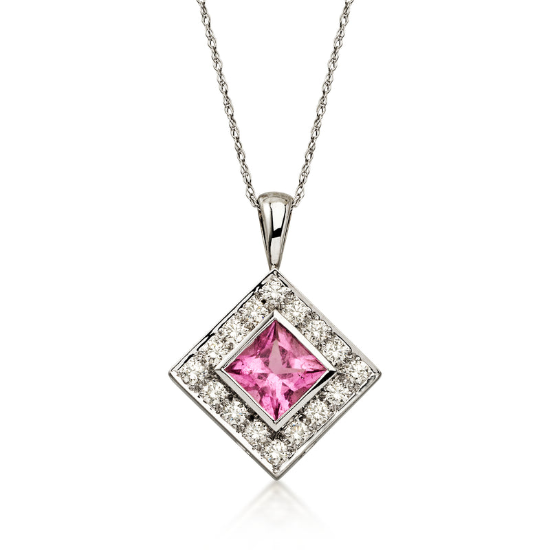 C. 1990 Vintage 1.20 Carat Pink Tourmaline Pendant Necklace with .50 ct. t.w. Diamonds in 14kt White Gold. 18"