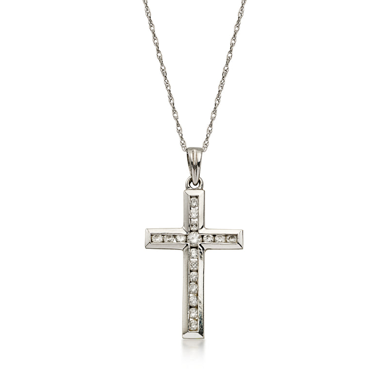 C. 1990 Vintage .22 ct. t.w. Diamond Cross Pendant Necklace in 14kt White Gold. 18"