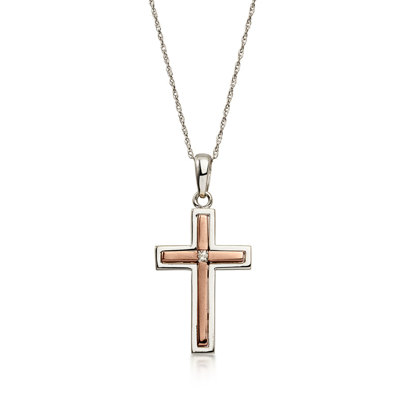 C. 2000 Vintage 14kt Two-Tone Gold Cross Pendant Necklace with Single Diamond. 18"