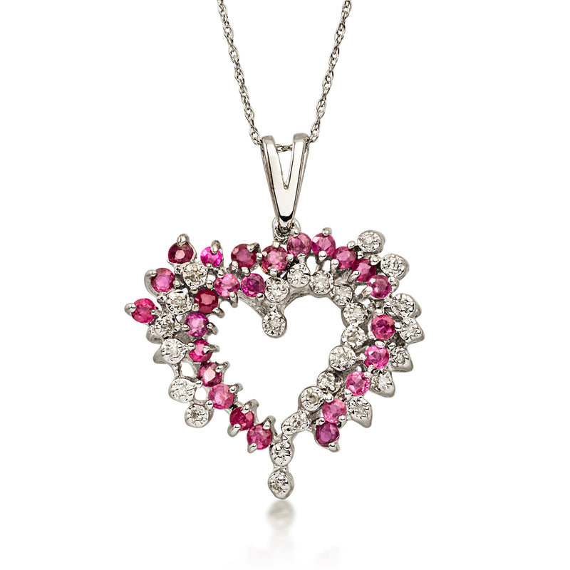 C. 1990 Vintage 1.25 ct. t.w. Ruby and .20 ct. t.w. Diamond Heart Pendant Necklace in 14kt White Gold. 18"
