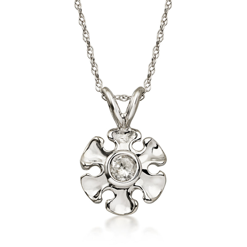 C. 2000 Vintage 14kt White Gold Flower Pendant Necklace with Single Diamond. 18"