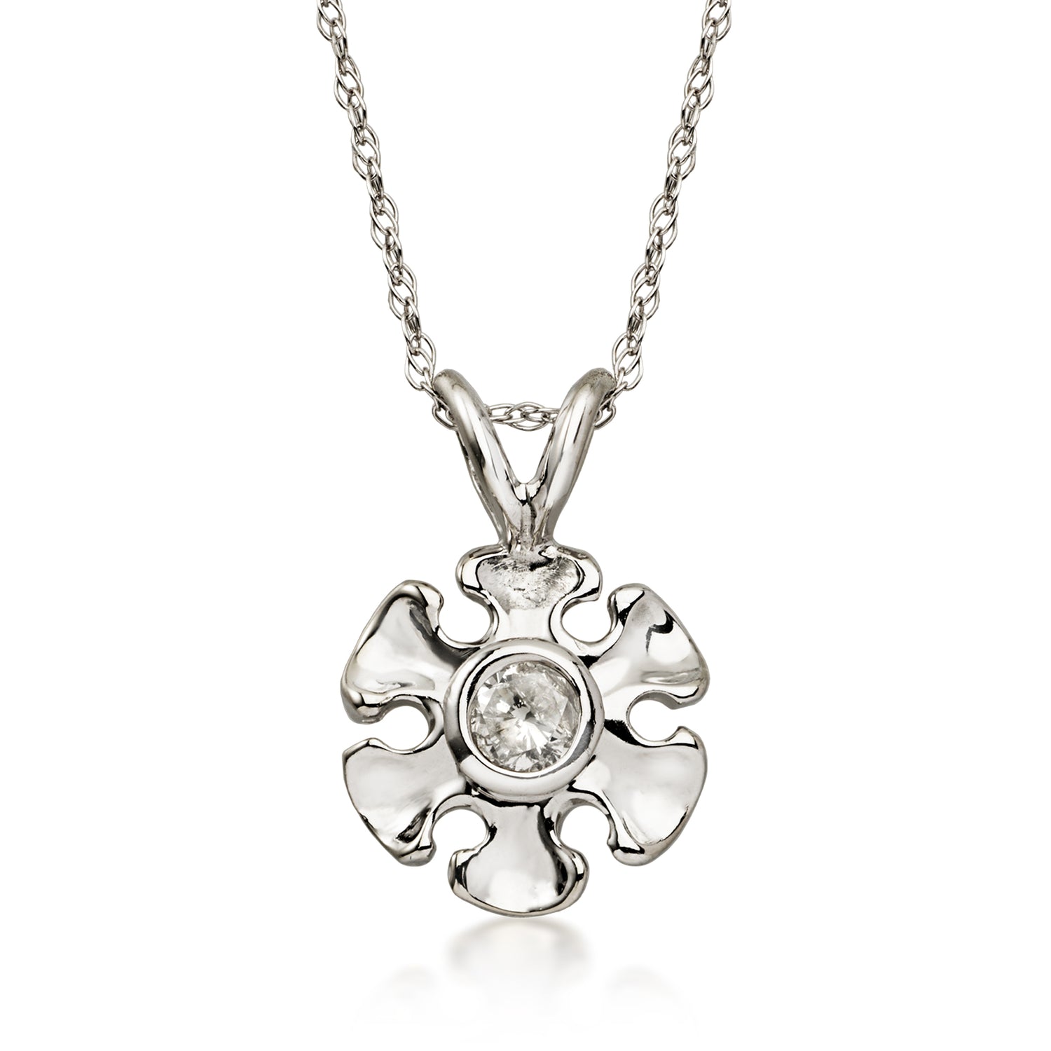 C. 2000 Vintage 14kt White Gold Flower Pendant Necklace with Single Diamond