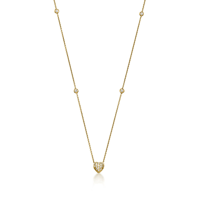 C. 2000 Vintage Roberto Coin .35 ct. t.w. Diamond Heart Station Necklace with Single Synthetic Ruby in 18kt Yellow Gold. 17"
