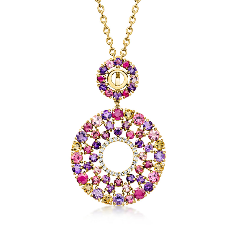 C. 1990 Vintage 9.50 ct. t.w. Multi-Gemstone Double-Circle Pendant Necklace with .40 ct. t.w. Diamonds in 14kt Yellow Gold. 20"
