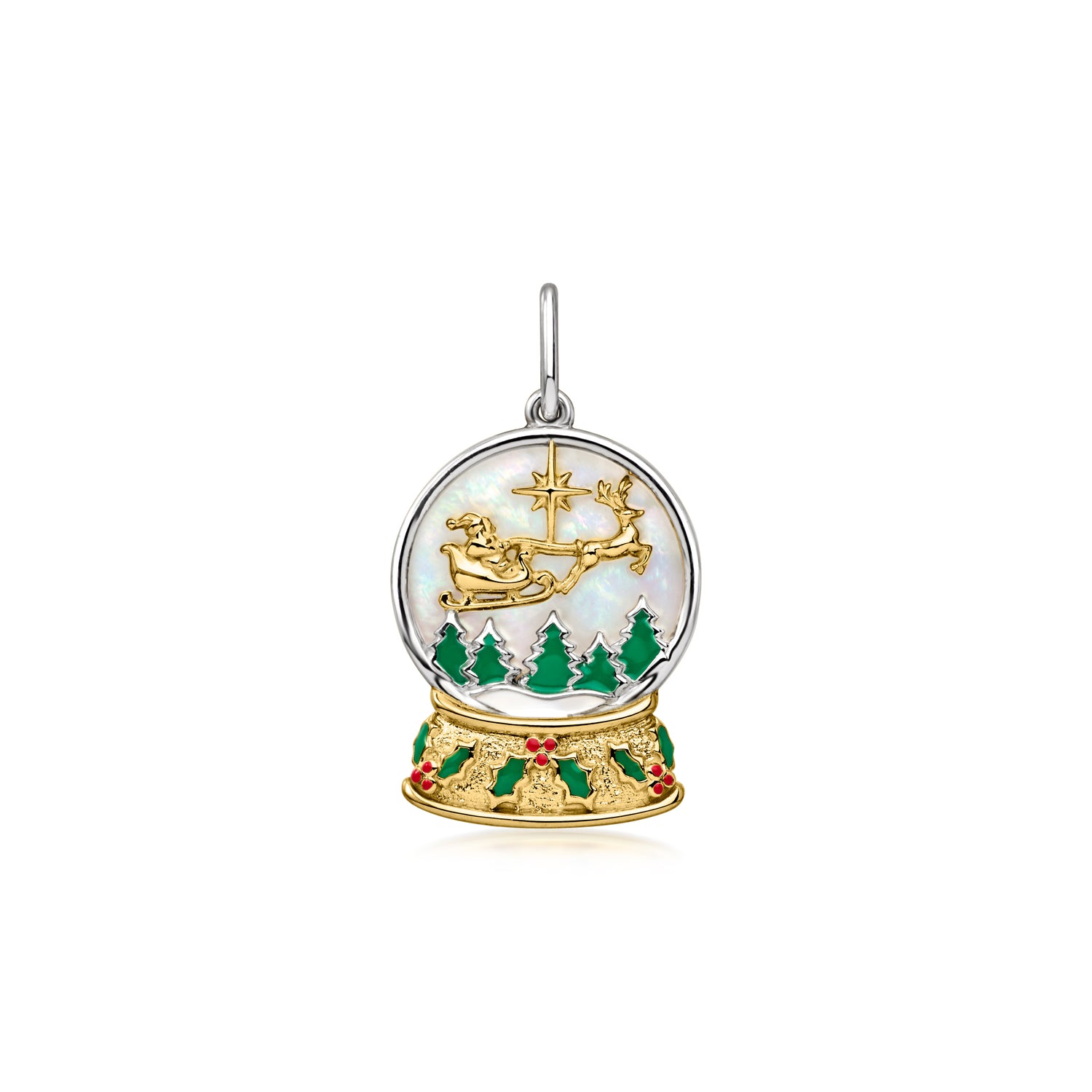 Mother-of-Pearl Santa Snow Globe Charm with Multicolored Enamel in Sterling Silver and 18kt Gold Over Sterling