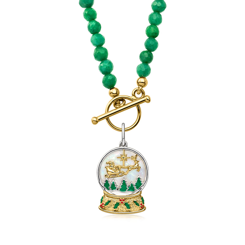 Mother-of-Pearl Santa Snow Globe Charm with Multicolored Enamel in Sterling Silver and 18kt Gold Over Sterling