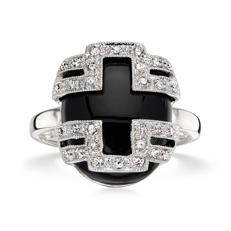 C. 1990 Vintage Onyx and .15 ct. t.w. Diamond Ring in 18kt White Gold. Size 6