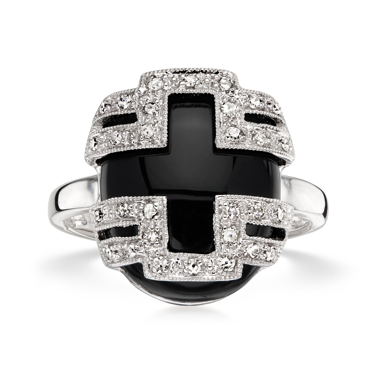 Pre-owned Ross-simons C. 1990 Vintage Onyx And .15 Ct. T.w. Diamond Ring In 18kt White Gold In Silver