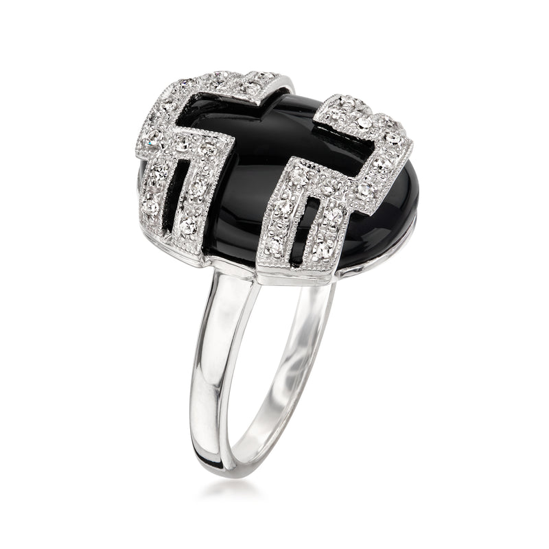 C. 1990 Vintage Onyx and .15 ct. t.w. Diamond Ring in 18kt White Gold. Size 6