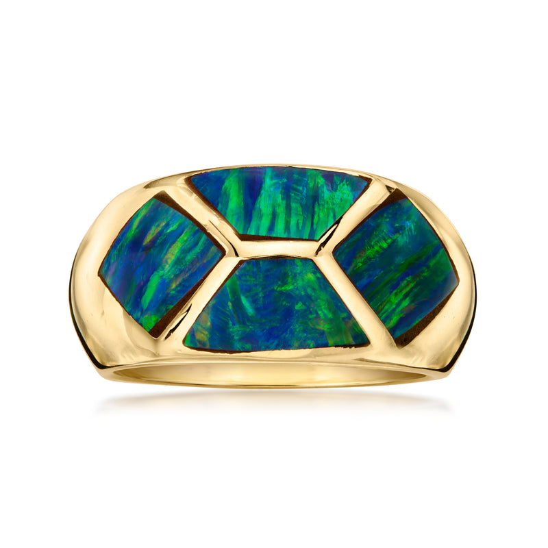 C. 1980 Vintage Black Opal Inlay Ring in 14kt Yellow Gold. Size 7