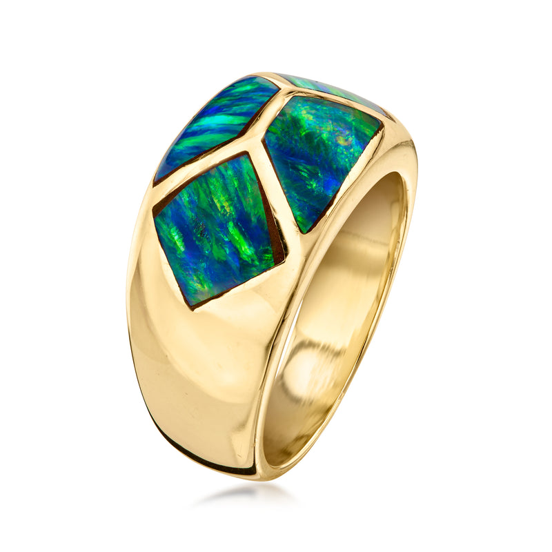 C. 1980 Vintage Black Opal Inlay Ring in 14kt Yellow Gold. Size 7