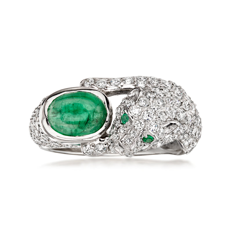 C. 2000 Vintage Effy 3.10 ct. t.w. Diamond and 1.23 ct. t.w. Emerald Panther Ring in 14kt White Gold. Size 7