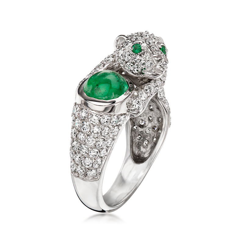 C. 2000 Vintage Effy 3.10 ct. t.w. Diamond and 1.23 ct. t.w. Emerald Panther Ring in 14kt White Gold. Size 7