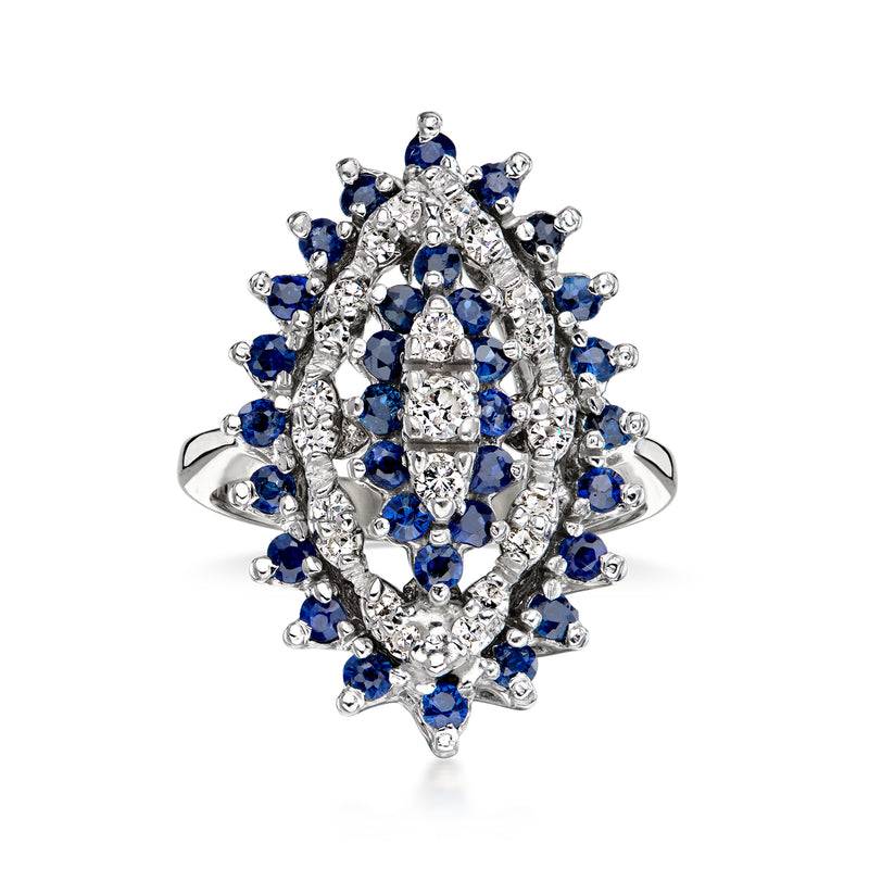 C. 1970 Vintage 1.50 ct. t.w. Sapphire and .35 ct. t.w. Diamond Navette Ring in 14kt White Gold. Size 6.75