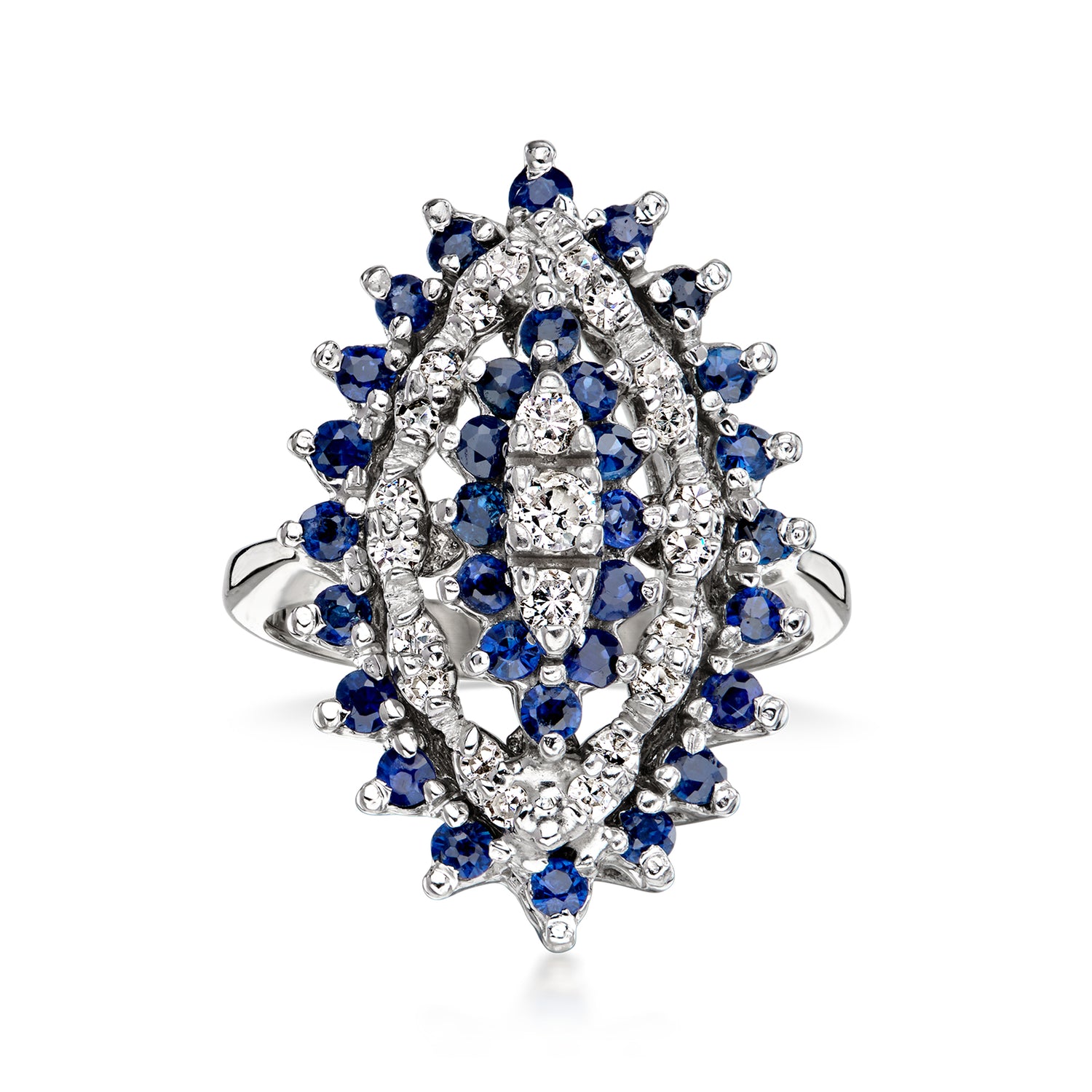 Pre-owned Ross-simons C. 1970 Vintage 1.50 Ct. T.w. Sapphire And .35 Ct. T.w. Diamond Navette Ring In 14kt White Gold In Silver