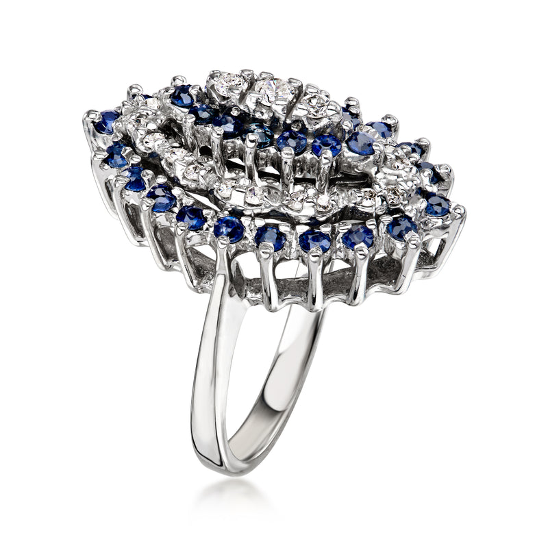 C. 1970 Vintage 1.50 ct. t.w. Sapphire and .35 ct. t.w. Diamond Navette Ring in 14kt White Gold. Size 6.75