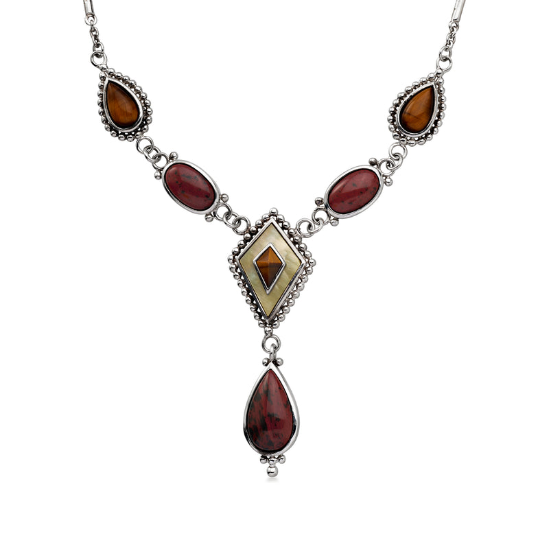 C. 1990 Vintage Jasper, Tiger Eye and Mother-of-Pearl Drop Necklace in Sterling Silver. 17"