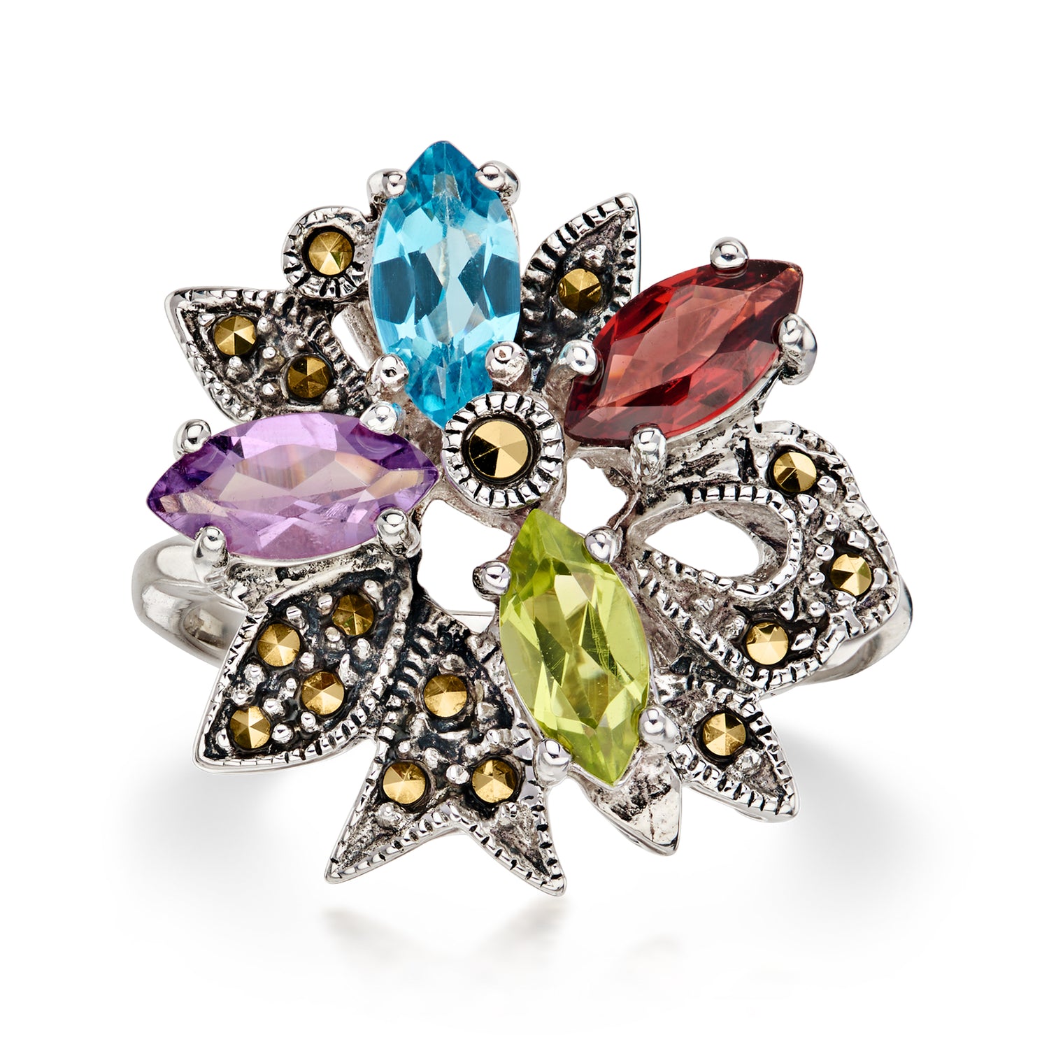 Pre-owned Ross-simons C. 1990 Vintage 2.04 Ct. T.w. Multi-gemstone Flower Ring With Marcasites In Sterling Silver