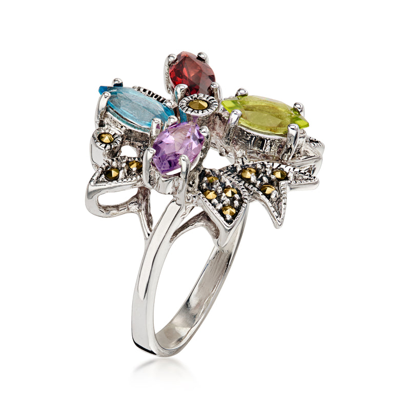 C. 1990 Vintage 2.04 ct. t.w. Multi-Gemstone Flower Ring with Marcasites in Sterling Silver. Size 7