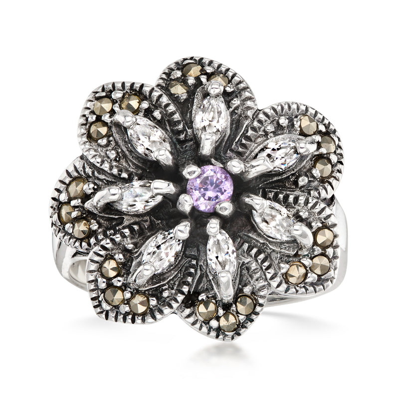 C. 2000 Vintage 1.00 ct. t.w. CZ and .10 ct. t.w. Simulated Amethyst Flower Ring with Marcasites in Sterling Silver. Size 8