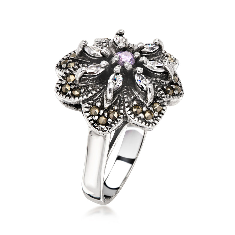 C. 2000 Vintage 1.00 ct. t.w. CZ and .10 ct. t.w. Simulated Amethyst Flower Ring with Marcasites in Sterling Silver. Size 8