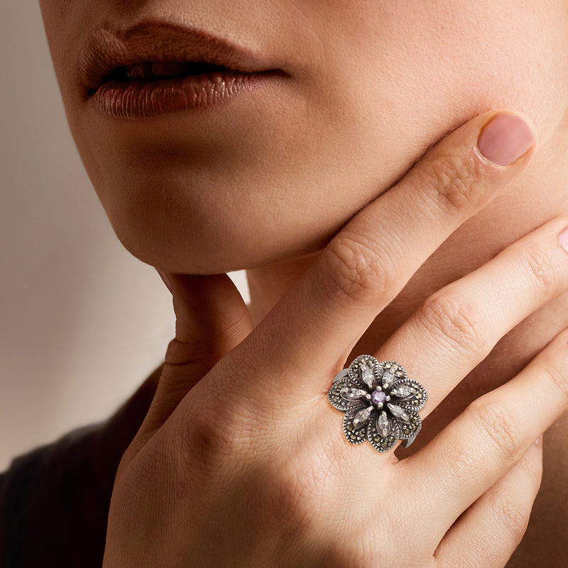 C. 2000 Vintage 1.00 ct. t.w. CZ and .10 ct. t.w. Simulated Amethyst Flower Ring with Marcasites in Sterling Silver. Size 8