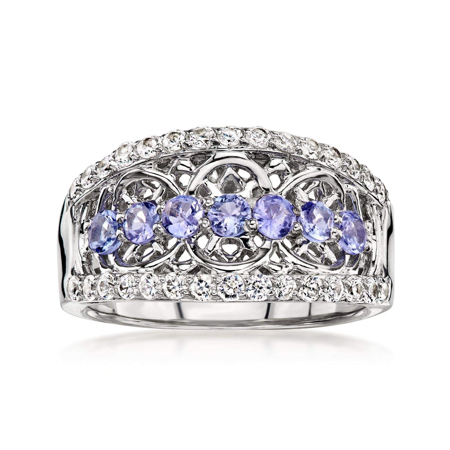 Pre-owned Ross-simons C. 2000 Vintage .70 Ct. T.w. Tanzanite Openwork Ring With .50 Ct. T.w. White Zircons In Sterling Sil In Silver