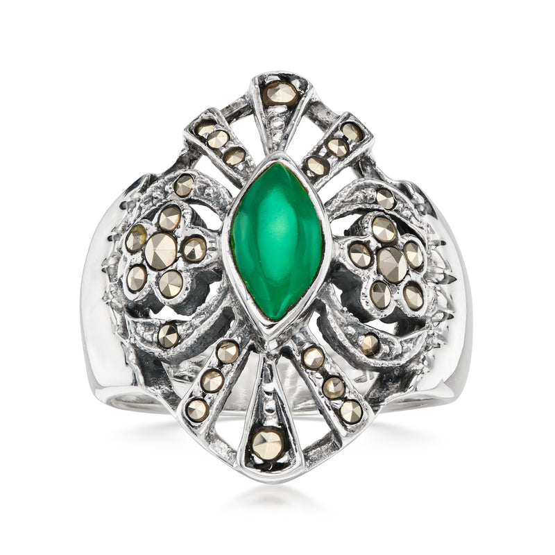 C. 1980 Vintage Green Chalcedony Ring with Marcasites in Sterling Silver. Size 6.5