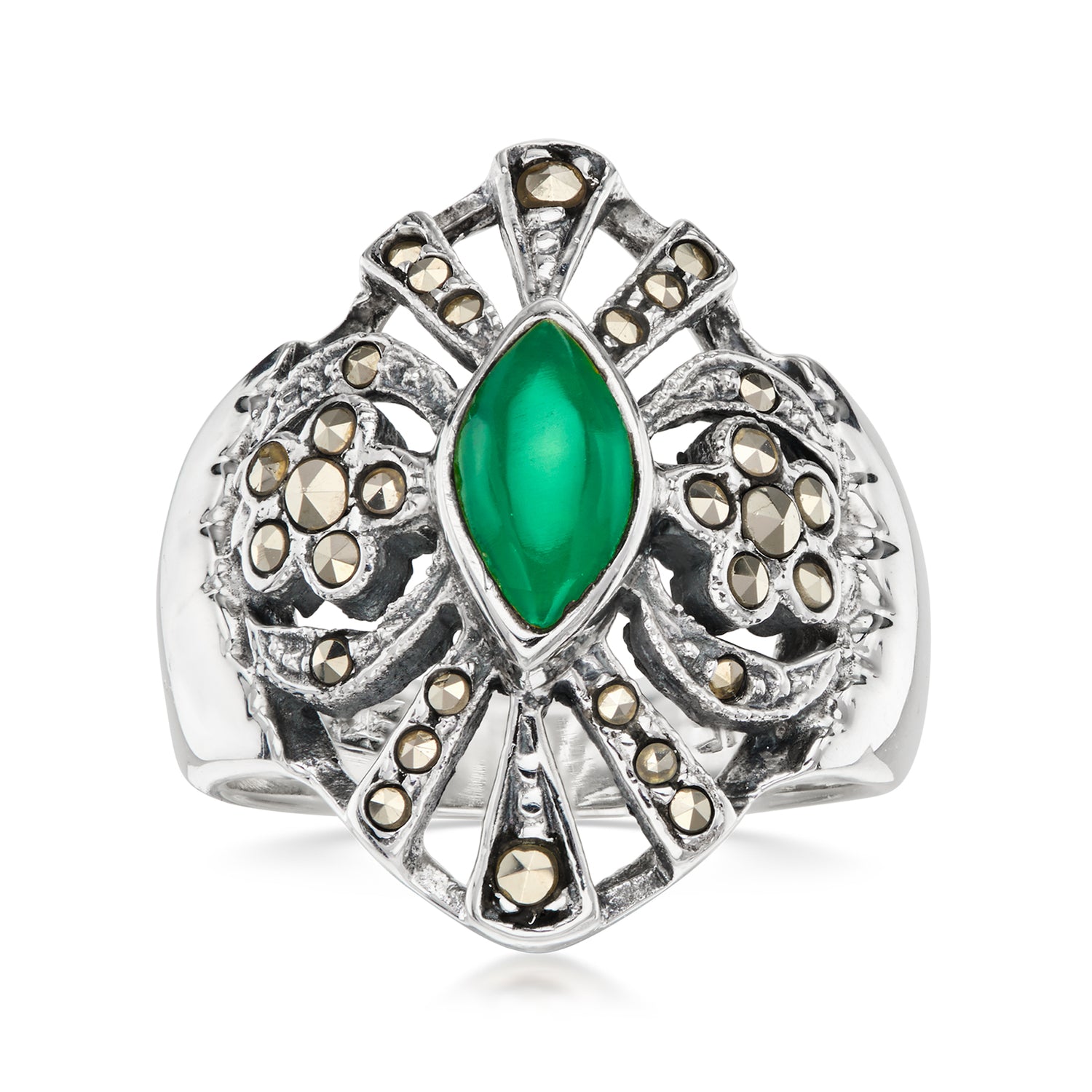 Pre-owned Ross-simons C. 1980 Vintage Green Chalcedony Ring With Marcasites In Sterling Silver