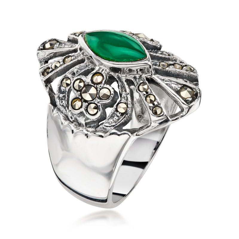 C. 1980 Vintage Green Chalcedony Ring with Marcasites in Sterling Silver. Size 6.5