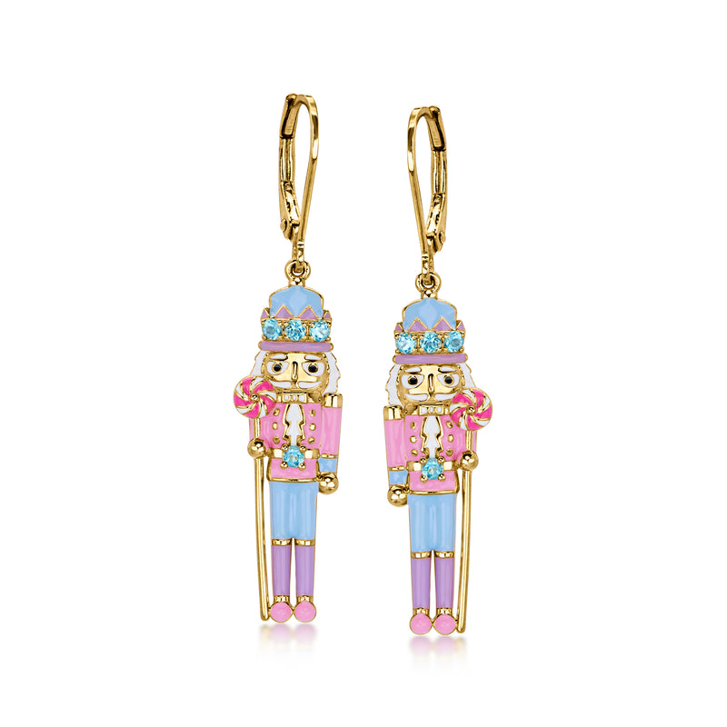 Pastel Enamel Nutcracker Drop Earrings with .20 ct. t.w. Swiss Blue Topaz in 18kt Gold Over Sterling