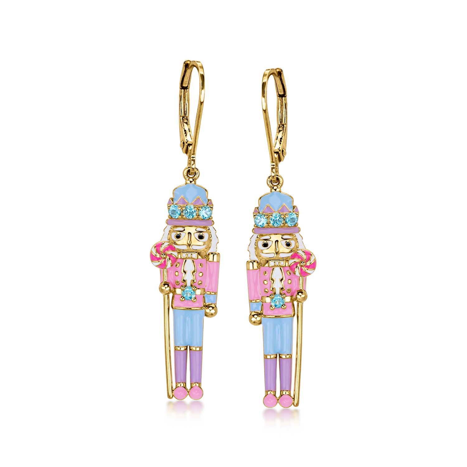 Ross-simons Pastel Enamel Nutcracker Drop Earrings With .20 Ct. T.w. Swiss Blue Topaz In 18kt Gold Over Sterling