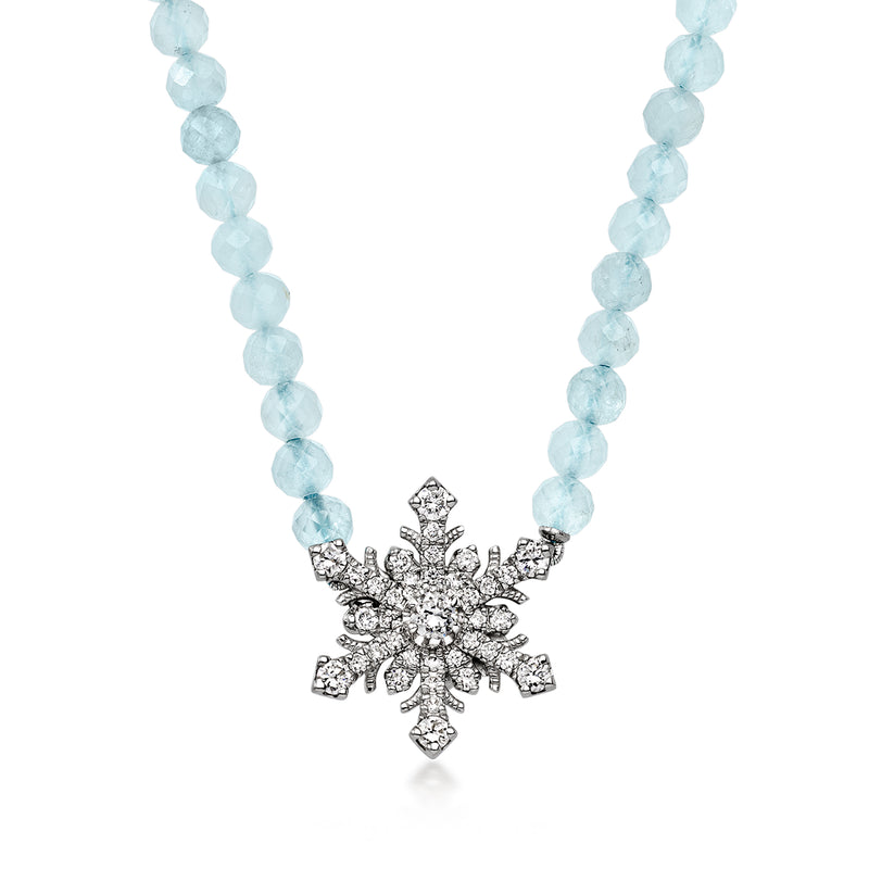 40.00 ct. t.w. Aquamarine Bead Necklace with .78 ct. t.w. Lab-Grown Diamond Snowflake in Sterling Silver. 18"