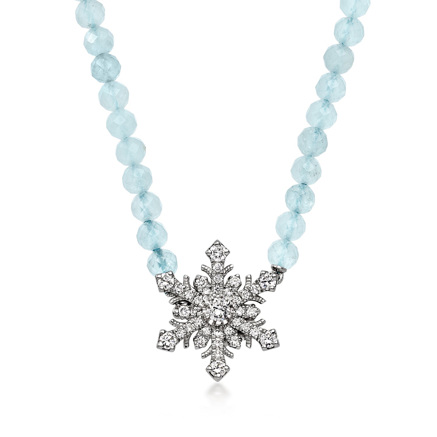Ross-simons 40.00 Ct. T.w. Aquamarine Bead Necklace With .78 Ct. T.w. Lab Grown Diamond Snowflake In Sterling Si In Silver
