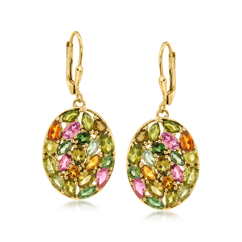 6.90 ct. t.w. Multicolored Tourmaline Cluster Drop Earrings in 18kt Gold Over Sterling