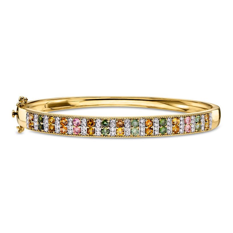 3.00 ct. t.w. Multicolored Tourmaline and .32 ct. t.w. Lab-Grown Diamond Bangle Bracelet in 18kt Gold Over Sterling