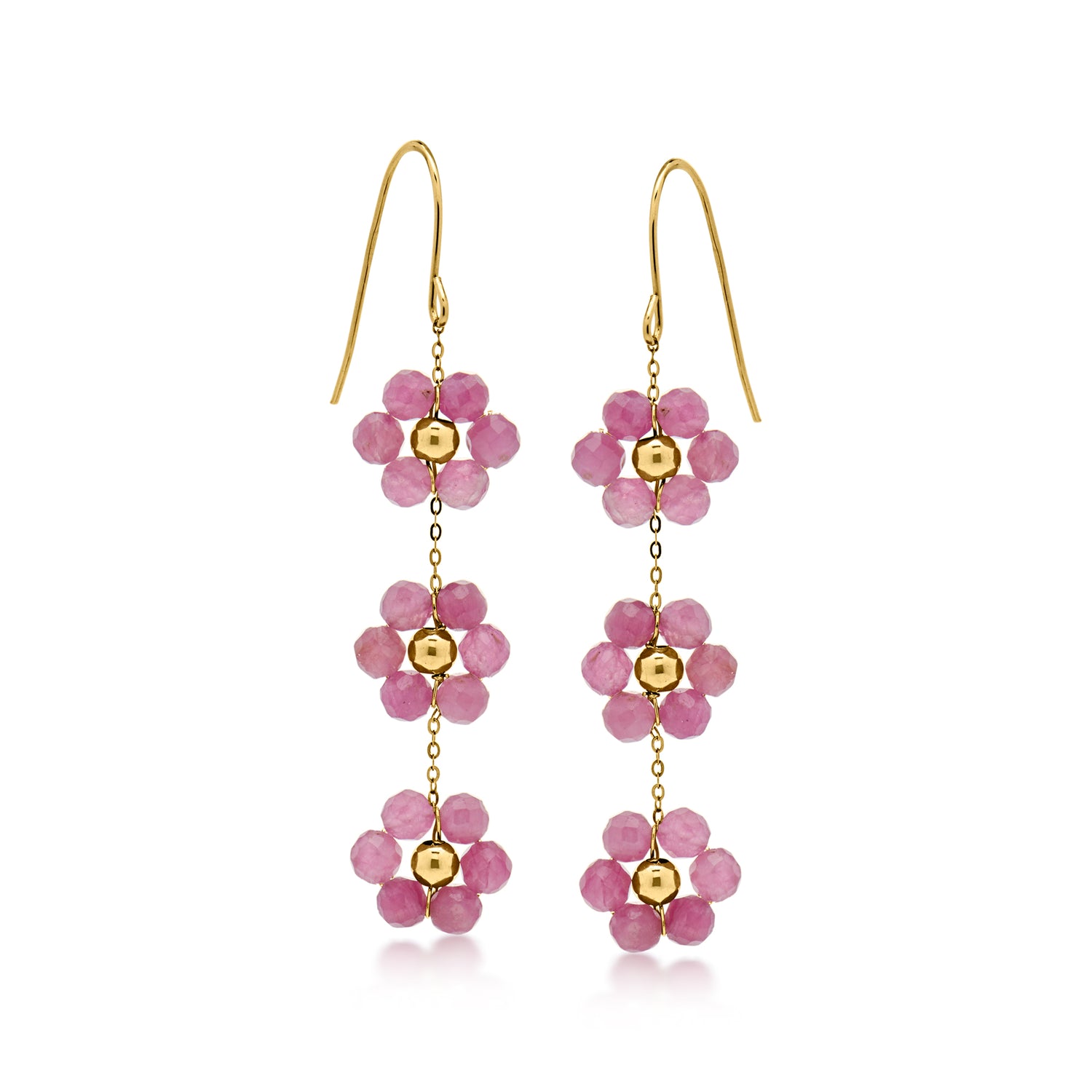 7.50 ct. t.w. Pink Tourmaline Bead Flower Drop Earrings in 14kt Yellow Gold