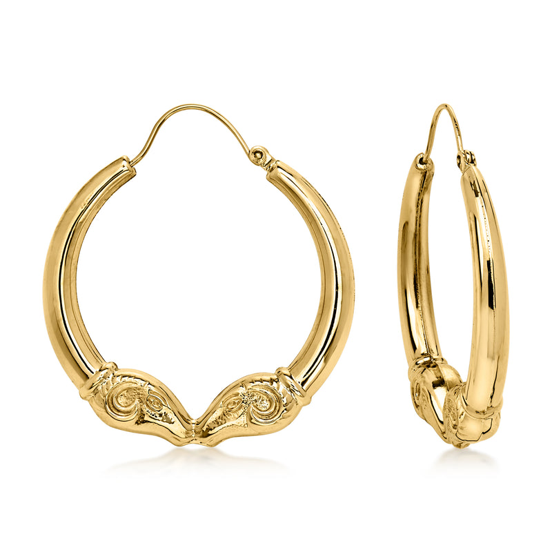 C. 1970 Vintage 14kt Yellow Gold Double Ram Head Hoop Earrings. 1 1/2"